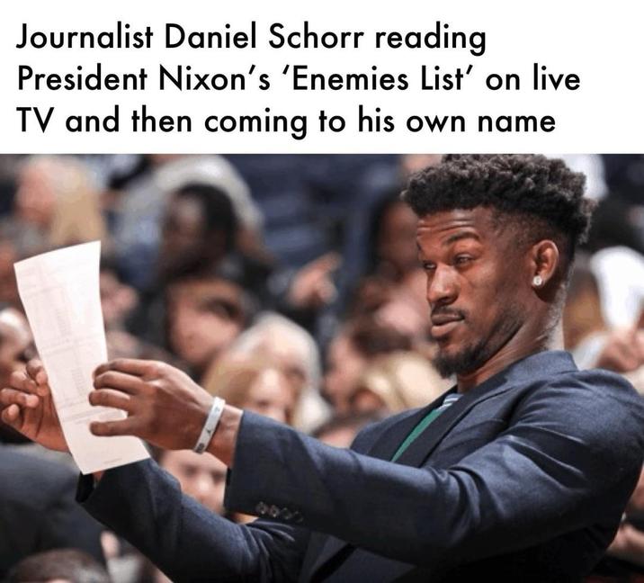 Journalist Daniel Schorr reading President Nixon's 'Enemies List' on live TV and then coming to his own name
