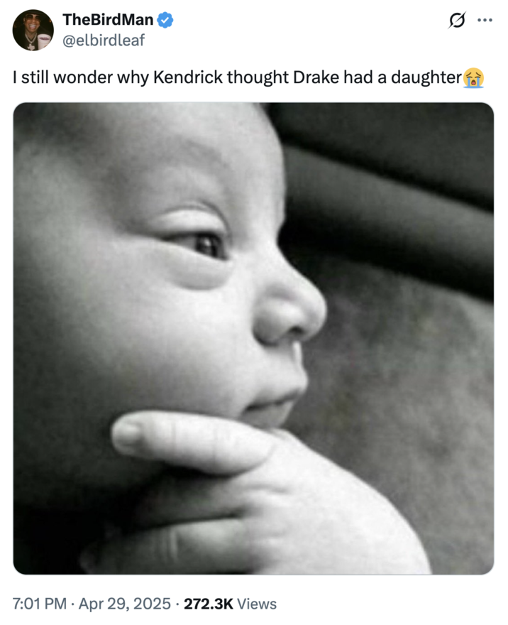 I still wonder why Kendrick thought Drake had a daughter A "tweet":https://knowyourmeme.com/memes/sites/twitter-x using the Thinking Baby "meme":https://knowyourmeme.com/memes/memes to joke about the "Kendrick Lamar and Drake Beef":https://knowyourmeme.com/memes/events/kendrick-lamar-vs-drake-feud.