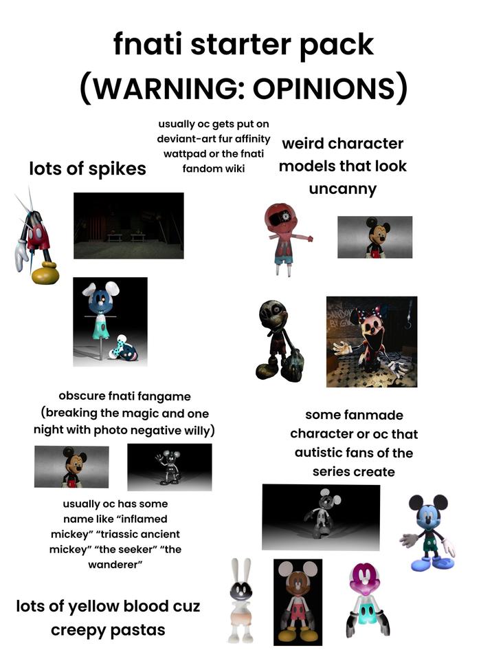 fnati starter pack (WARNING: OPINIONS) lots of spikes usually oc gets put on deviant-art fur affinity weird character wattpad or the fnati fandom wiki models that look uncanny reasure Island SANDOY BY G obscure fnati fangame (breaking the magic and one night with photo negative willy) some fanmade character or oc that autistic fans of the series create usually oc has some name like "inflamed mickey" "triassic ancient mickey" "the seeker" "the wanderer" lots of yellow blood cuz creepy pastas