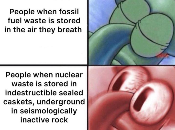 People when fossil fuel waste is stored in the air they breath People when nuclear waste is stored in indestructible sealed caskets, underground in seismologically inactive rock