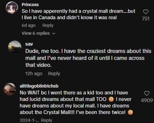Crystal Mall Dream Comments Princess So I have apperently had a crystal mall dream....but I live in Canada and didn't know it was real 6d ago Reply View 6 replies sav 751 Dude, me too. I have the craziest dreams about this mall and I've never heard of it until I came across that video. 12h ago Reply alittlegoblinbtchsb No WAIT bc I went there as a kid too and I have had lucid dreams about that mall TOO I never 4909 have dreams about my local mall. I have dreams about the Crystal Mall!!! I've been there twice! 2024-1-... Reply