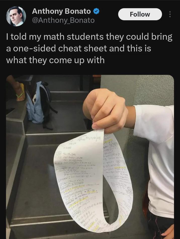 Anthony Bonato @Anthony_Bonato Follow I told my math students they could bring a one-sided cheat sheet and this is what they come up with 2) Adeldt ds= dady. Ty dvdr pany maydo Level 1 ** Top S wa