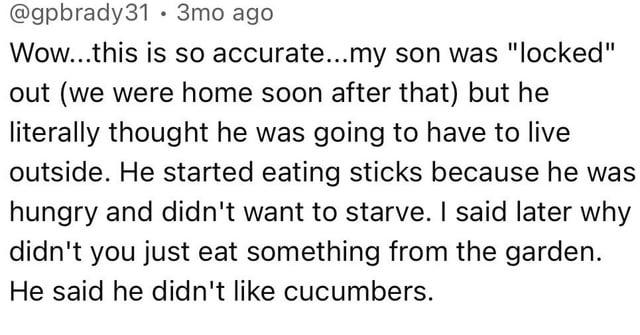 @gpbrady31 3mo ago Wow...this is so accurate...my son was "locked" out (we were home soon after that) but he literally thought he was going to have to live outside. He started eating sticks because he was hungry and didn't want to starve. I said later why didn't you just eat something from the garden. He said he didn't like cucumbers.