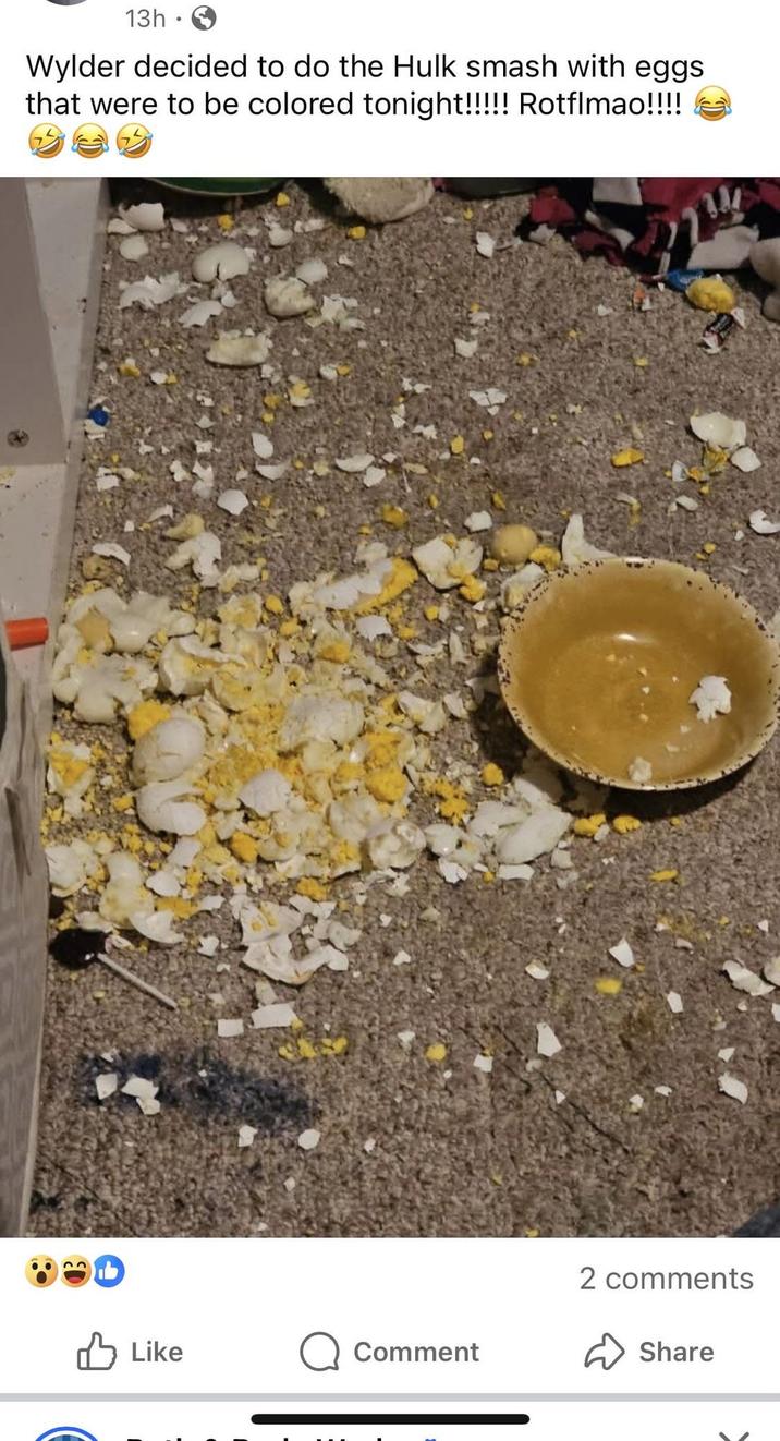 13h Wylder decided to do the Hulk smash with eggs that were to be colored tonight!!!!! Rotflmao!!!! 2 comments ✓ Like Q Comment Share
