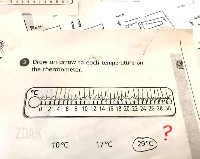 Nepo 3 Draw an arrow to each temperature on the thermometer. C 0 2 4 6 8 10 12 14 16 18 20 22 24 26 28 30 ZDAK ? 10°C 17°C 29 °C
