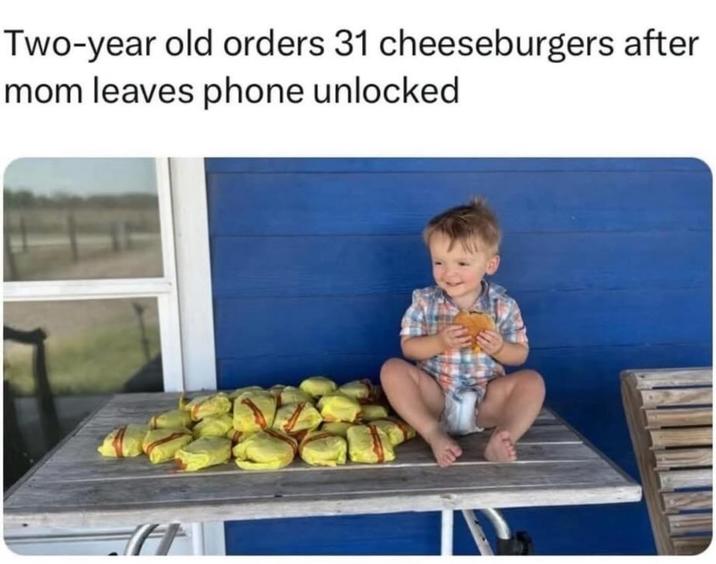 Two-year old orders 31 cheeseburgers after mom leaves phone unlocked