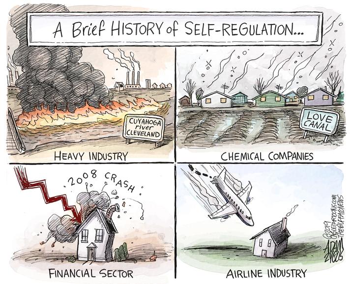 A Brief HISTORY of SELF-REGULATION... G CUYAHOGA river CLEVELAND 7:1 CHEMICAL COMPANIES HEAVY INDUSTRY 2008 CRASH: FINANCIAL SECTOR 71 AIRLINE INDUSTRY LOVE CANAL 62019 CAGLECARTOONS.COM THE BUFFALONEWS ADAM ZYGUS 0