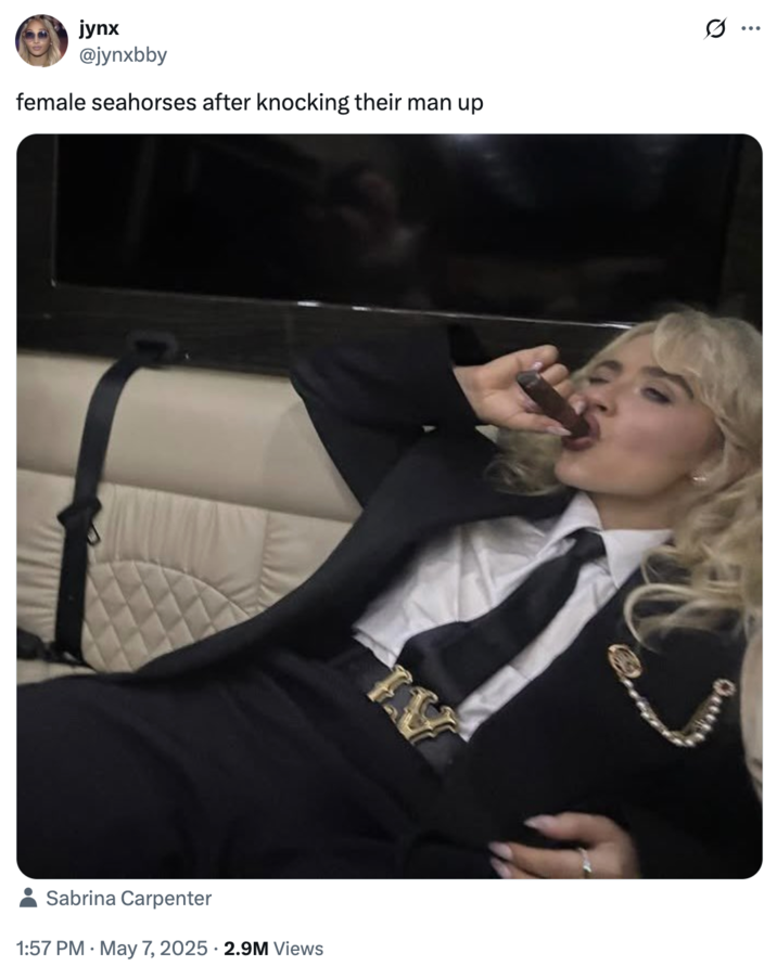 May 7th, 2025 tweet by @jynxbby X user @jynxbby posted a tweet showing a cropped version of Jenna Ortega and Sabrina Carpenter's Met Gala afterparty photo, showing Carpenter smoking a cigar. The tweet read, "female seahorses after knocking their man up," and gathered over 260,000 likes in a day.