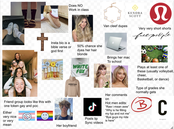 SB Does NO Work in class + Insta bio is a bible verse or god first 50% chance she dyes her hair blonde Friend group looks like this with one token gay and poc Either very nice or very mean 107 VOL.3 WHITE FOX ESSENTIALS FEAR OF GOD Her boyfriend KENDRA SCOTT N Van cleef dupes Very very short shorts free people Brings her mac To school Plays at least one of ـل Posts lip Sync videos Her comments on Hot men edits: "Raw i mean aww" "Why is he filling my fyp and not me" "Bye guys my ride is here" these (usually volleyball, cheer, Basketball, or dance) Type of grades she normally gets B ⑤ C MARIA ANDERSSON