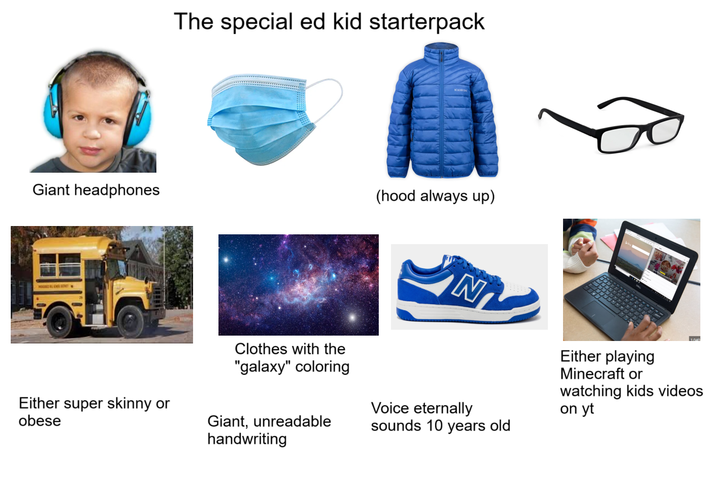 Giant headphones The special ed kid starterpack (hood always up) Clothes with the "galaxy" coloring N Voice eternally sounds 10 years old Either playing Minecraft or 1010 watching kids videos on yt Either super skinny or obese Giant, unreadable handwriting