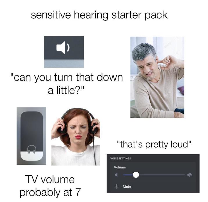 sensitive hearing starter pack "can you turn that down a little?" alamy alamy "that's pretty loud" VOICE SETTINGS Volume TV volume probably at 7 Mute