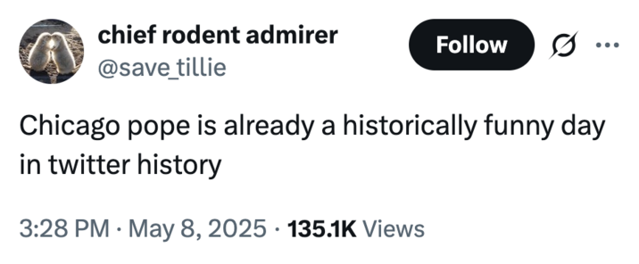 chief rodent admirer Follow @save_tillie Chicago pope is already a historically funny day in twitter history • 3:28 PM May 8, 2025 135.1K Views