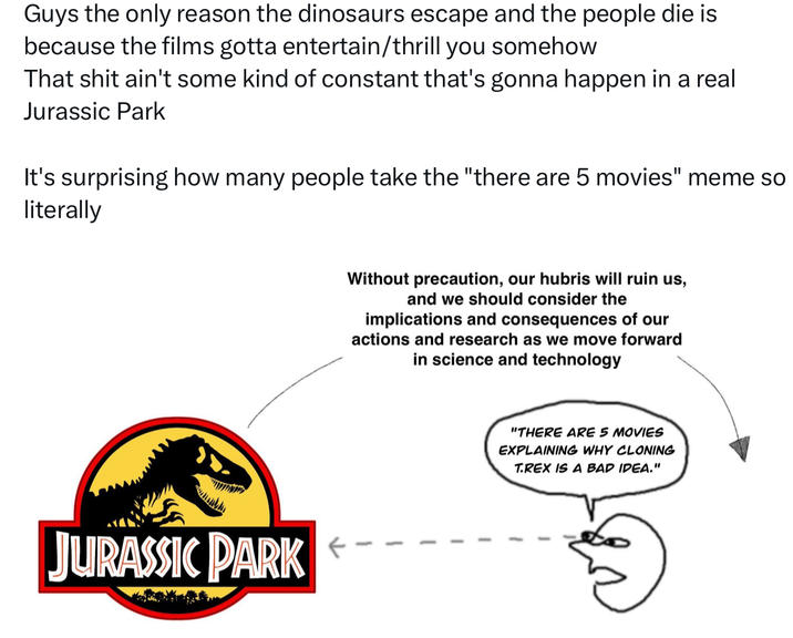 Guys the only reason the dinosaurs escape and the people die is because the films gotta entertain/thrill you somehow That s--- ain't some kind of constant that's gonna happen in a real Jurassic Park It's surprising how many people take the "there are 5 movies" meme so literally JURASSIC PARK Without precaution, our hubris will ruin us, and we should consider the implications and consequences of our actions and research as we move forward in science and technology "THERE ARE 5 MOVIES EXPLAINING WHY CLONING T.REX IS A BAD IDEA."