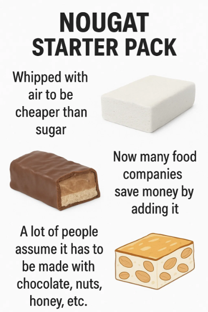 NOUGAT STARTER PACK Whipped with air to be cheaper than sugar A lot of people assume it has to be made with chocolate, nuts, honey, etc. Now many food companies save money by adding it