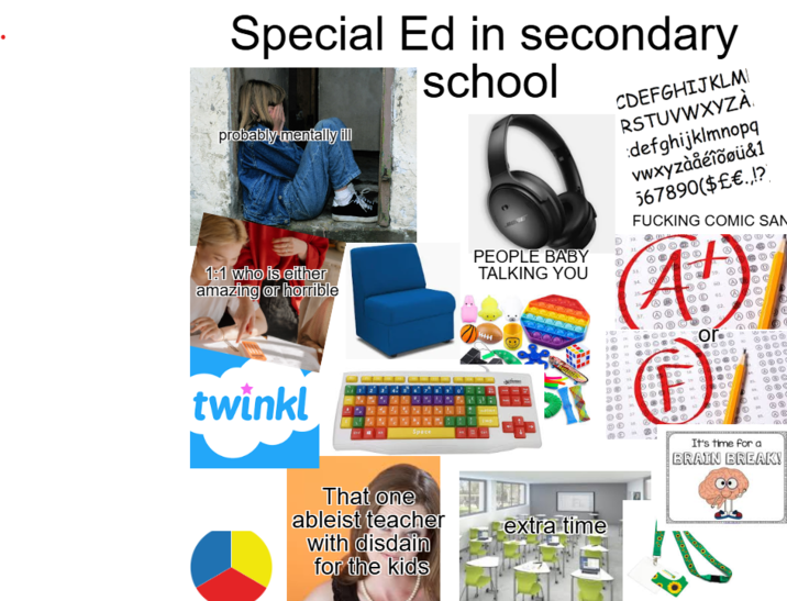 Special Ed in secondary school probably mentally ill 1:1 who is either amazing or horrible PEOPLE BABY TALKING YOU twinkl Space That one ableist teacher with disdain for the kids extra time 0000000000 CDEFGHIJKLM RSTUVWXYZÀ defghijklmnopq vwxyzàåélõøi&1 30. 567890($£€.,!? F------ COMIC SAN 33 34. 35. DO 36 62 E கரு " It's time for a BRAIN BREAK!