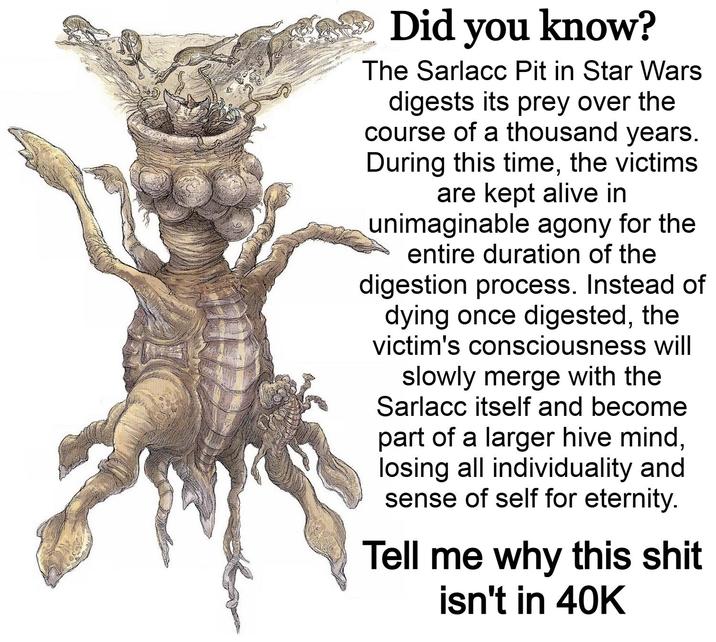 Did you know? The Sarlacc Pit in Star Wars digests its prey over the course of a thousand years. During this time, the victims are kept alive in unimaginable agony for the entire duration of the digestion process. Instead of dying once digested, the victim's consciousness will slowly merge with the Sarlacc itself and become part of a larger hive mind, losing all individuality and sense of self for eternity. Tell me why this s--- isn't in 40K