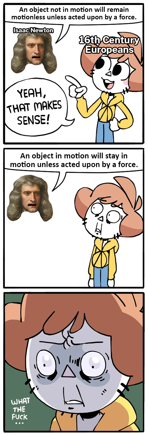 An object not in motion will remain motionless unless acted upon by a force. Isaac Newton ✓ 16th Century Europeans YEAH, THAT MAKES SENSE! An object in motion will stay in motion unless acted upon by a force. WHAT THE F---