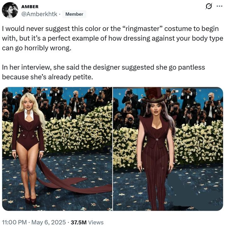 User criticizes Sabrina Carpenter's Met Gala outfit