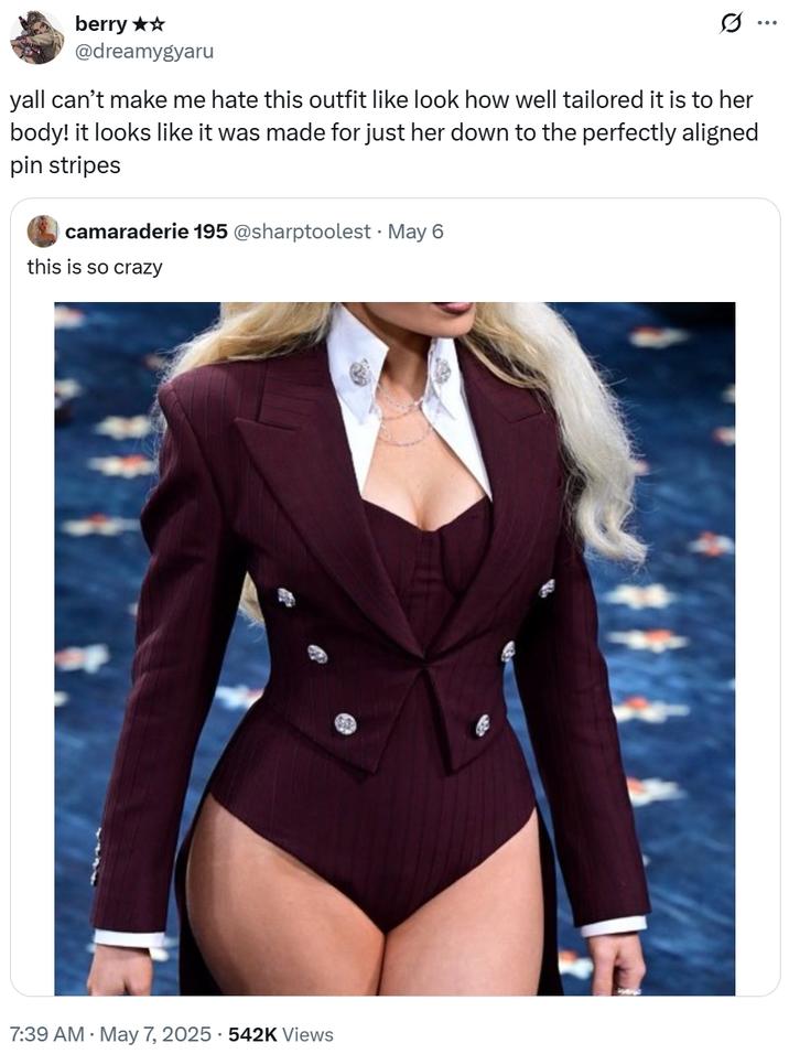 berry ✰✰ @dreamygyaru yall can't make me hate this outfit like look how well tailored it is to her body! it looks like it was made for just her down to the perfectly aligned pin stripes camaraderie 195 @sharptoolest • May 6 this is so crazy 7:39 AM - May 7, 2025 542K Views