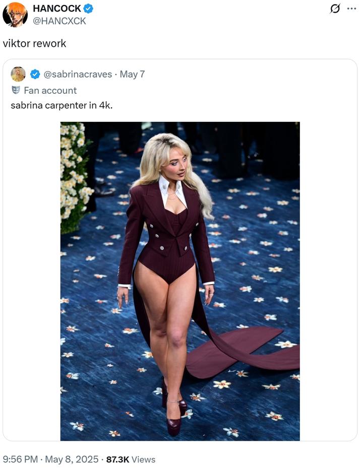 A meme comparing Sabrina Carpenter in her 2025 Met Gala outfit to the _League of Legends_ character Viktor.