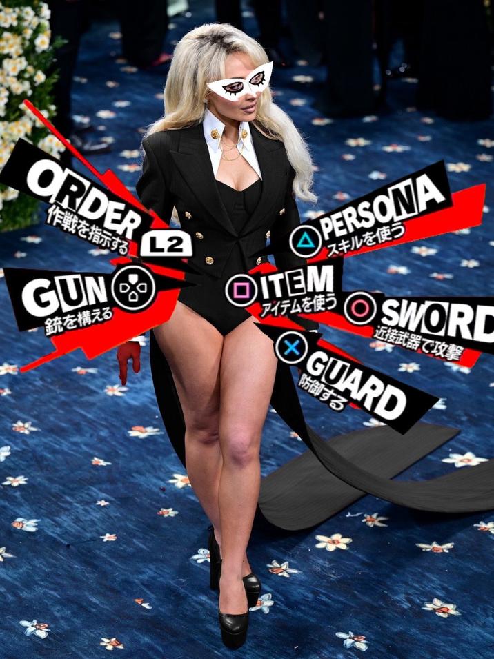 A _Persona 5_ meme based on Sabrina Carpenter's 2025 Met Gala outfit.