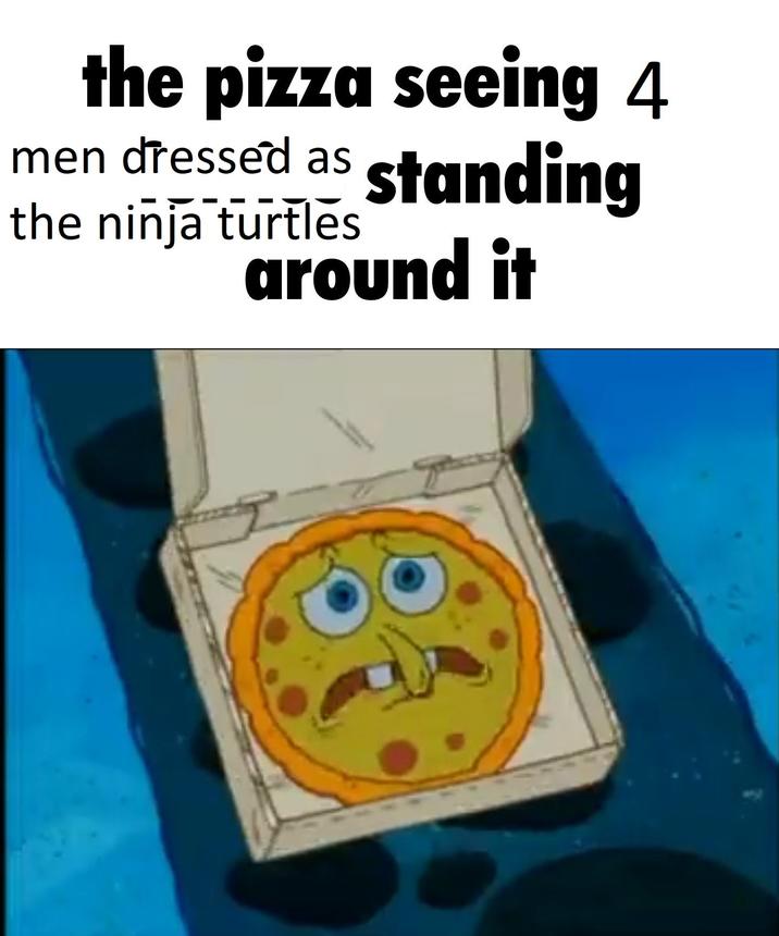 the pizza seeing 4 men dressed as standing the ninja turtles around it