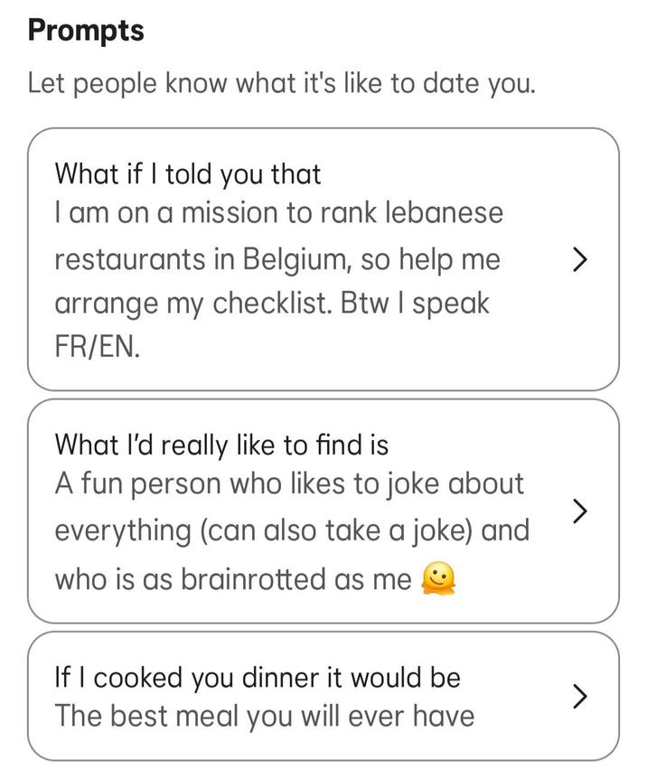 Prompts Let people know what it's like to date you. What if I told you that I am on a mission to rank lebanese restaurants in Belgium, so help me arrange my checklist. Btw I speak FR/EN. What I'd really like to find is A fun person who likes to joke about everything (can also take a joke) and who is as brainrotted as me If I cooked you dinner it would be The best meal you will ever have >
