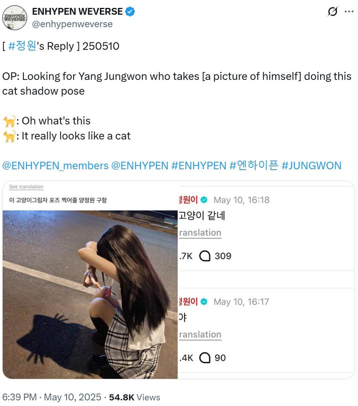 ENHYPEN WEVERSE ENHYPEN WEVERSE .. @enhypenweverse [#'s Reply] 250510 OP: Looking for Yang Jungwon who takes [a picture of himself] doing this cat shadow pose : Oh what's this : It really looks like a cat @ENHYPEN_members @ENHYPEN #ENHYPEN #30]± #JUNGWON See translation 이 고양이그림자 포즈 찍어줄 양정원 구함 0 May 10, 16:18 고양이 같네 6:39 PM May 10, 2025 54.8K Views ranslation .7K 309 야 May 10, 16:17 ranslation .4K 90