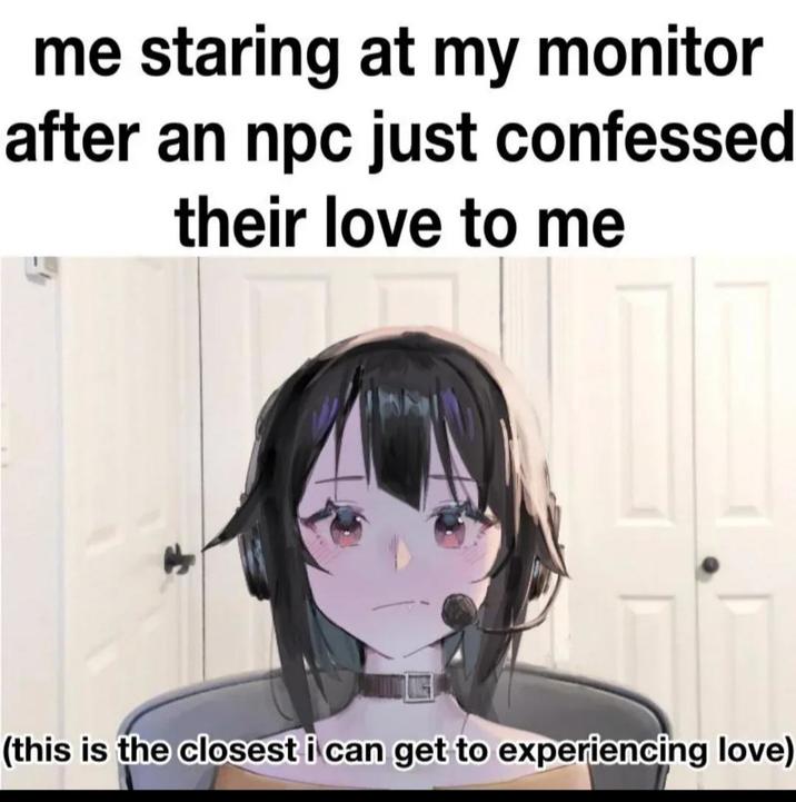 me staring at my monitor after an npc just confessed their love to me (this is the closest i can get to experiencing love)