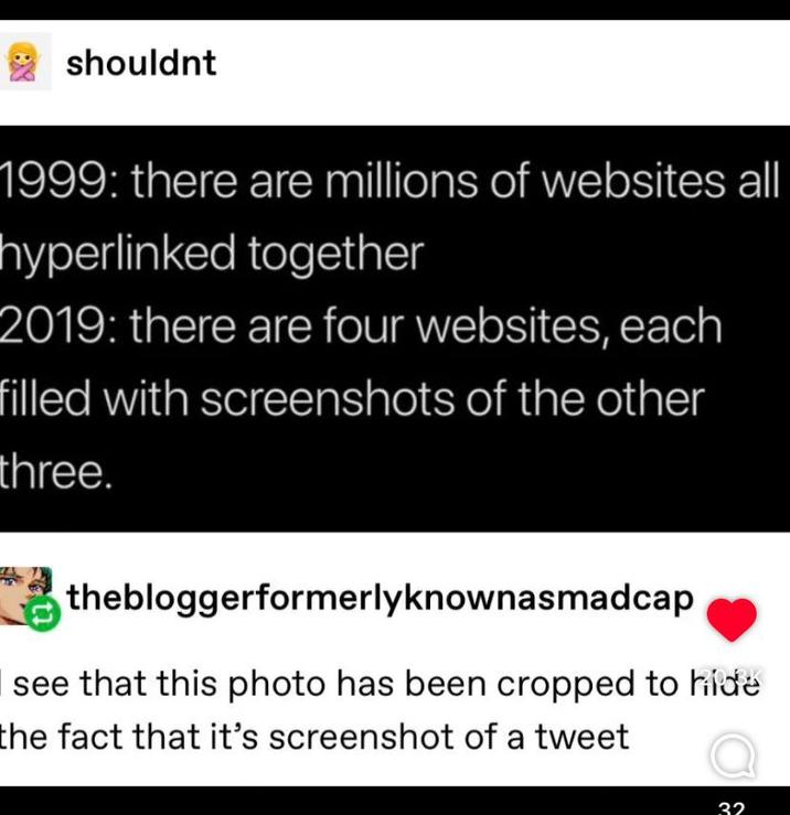 shouldnt 1999: there are millions of websites all hyperlinked together 2019: there are four websites, each filled with screenshots of the other three. thebloggerformerly knownasmadcap see that this photo has been cropped to hide the fact that it's screenshot of a tweet 32