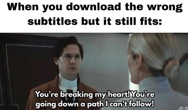 When you download the wrong subtitles but it still fits: You're breaking my heart! You're going down a path I can't follow! SA