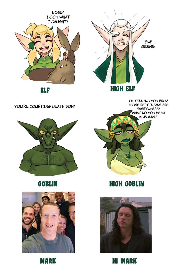 BOSS! LOOK WHAT I CALIGHT! ELF YOU'RE COURTING DEATH SON! HIGH ELF EW! GERMS! I'M TELLING YOU BRUV. THOSE REPTILIANS ARE EVERYWHERE! WHAT DO YOU MEAN KOBOLDS? GOBLIN HIGH GOBLIN MARK HI MARK