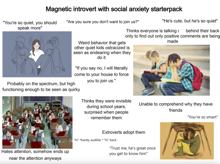 Magnetic introvert with social anxiety starterpack "You're so quiet, you should speak more" "Are you sure you don't want to join us?" "He's cute, but he's so quiet" Thinks everyone is talking s behind their back only to find out only positive comments are being made Weird behavior that gets other quiet kids ostracized is seen as endearing when they do it "If you say no, I will literally come to your house to force you to join us." Probably on the spectrum, but high functioning enough to be seen as quirky Thinks they were invisible during school years, surprised when people remember them Hates attention, somehow ends up near the attention anyways Unable to comprehend why they have friends "You're so smart" Extroverts adopt them "hi" *barely audible * "hi" back "Trust me, he's great once you get to know him"
