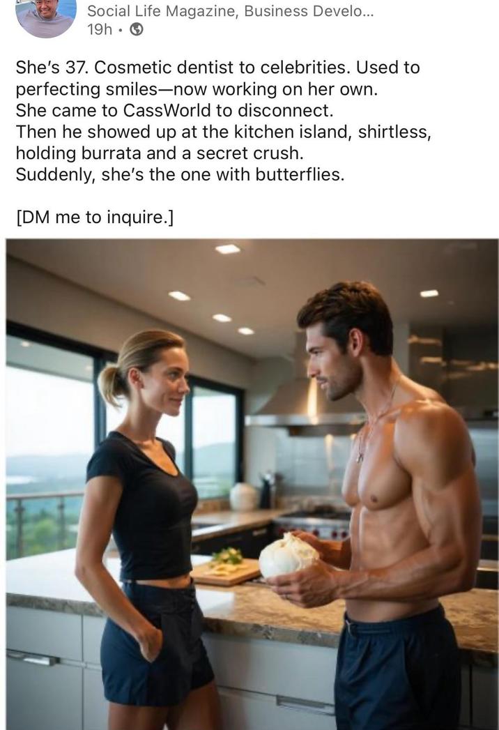 Social Life Magazine, Business Develo... 19h. She's 37. Cosmetic dentist to celebrities. Used to perfecting smiles—now working on her own. She came to CassWorld to disconnect. Then he showed up at the kitchen island, shirtless, holding burrata and a secret crush. Suddenly, she's the one with butterflies. [DM me to inquire.]