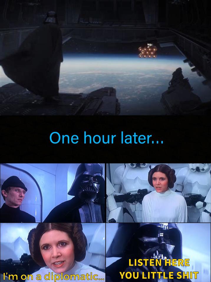 One hour later... LISTEN HERE I'm on a diplomatic... YOU LITTLE S---