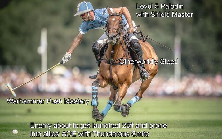Level 5 Paladin with Shield Master euo Otherworldly Steed Warhammer Push Mastery Enemy about to get launched 25ft and prone into allies' AOE with Thunderous Smite