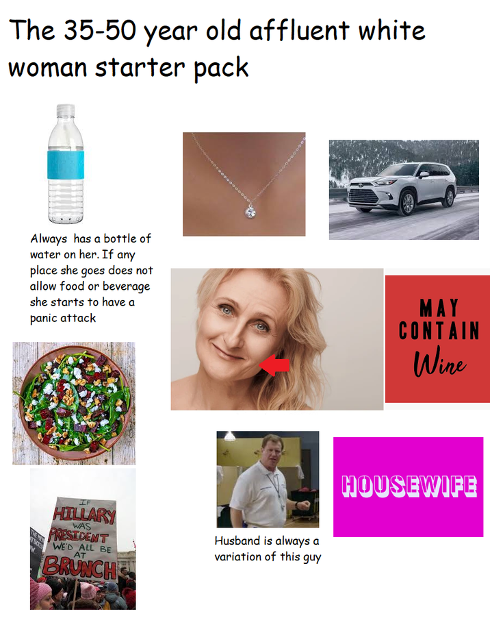 The 35-50 year old affluent white woman starter pack Always has a bottle of water on her. If any place she goes does not allow food or beverage she starts to have a panic attack MAY CONTAIN Wine IF HILLARY WAS PRESIDENT WE'D ALL BE AT BRUNCH Husband is always a variation of this guy HOUSEWIFE