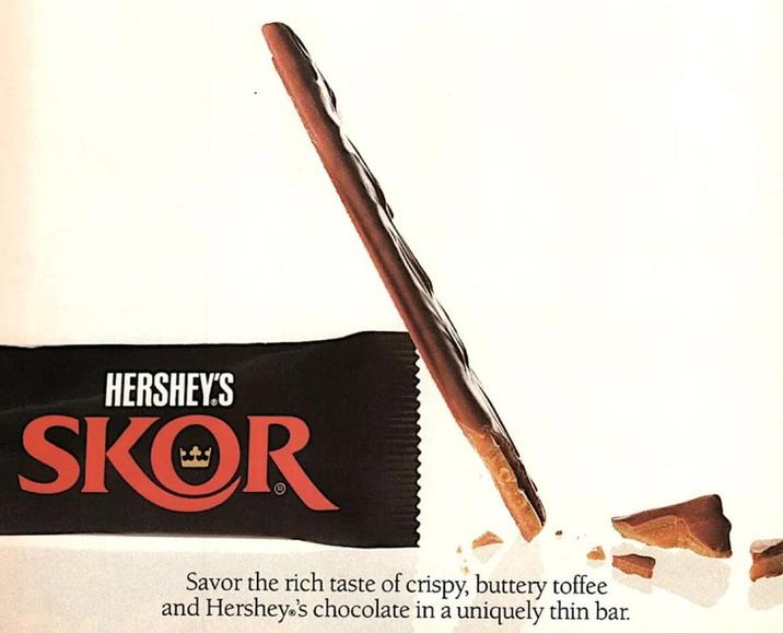 HERSHEY'S SKOR Savor the rich taste of crispy, buttery toffee and Hershey's chocolate in a uniquely thin bar.