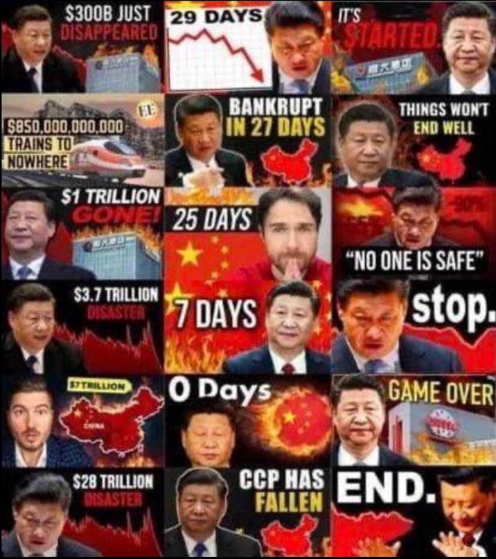 $300B JUST 29 DAYS DISAPPEARED $850,000,000,000 TRAINS TO NOWHERE IT'S STARTED EE BANKRUPT IN 27 DAYS THINGS WON'T END WELL $1 TRILLION GONE 25 DAYS "NO ONE IS SAFE" $3.7 TRILLION DISASTER 7 DAYS stop. SPTHILLION O Days GAME OVER $28 TRILLION DISASTER CCP HAS END. FALLEN