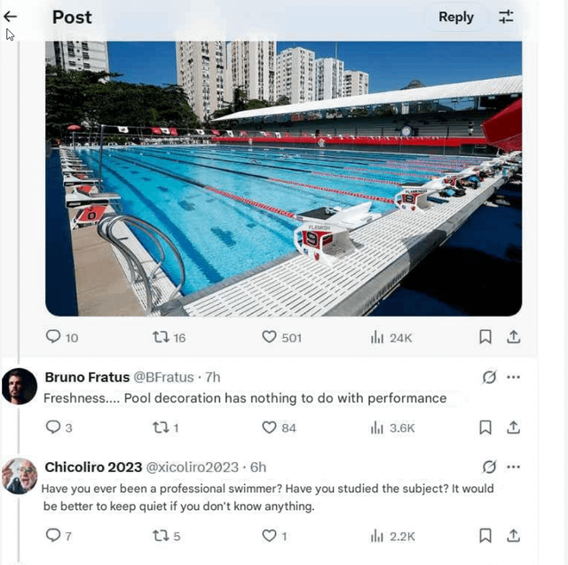 ↑ Post 10 A 16 FLEMISH Reply ++ 501 lil 24K 1 1 ... Bruno Fratus @BFratus .7h Freshness.... Pool decoration has nothing to do with performance 231 84 lil 3.6K Chicoliro 2023 @xicoliro2023 6h Have you ever been a professional swimmer? Have you studied the subject? It would be better to keep quiet if you don't know anything. Q7 135 ili 2.2K 1