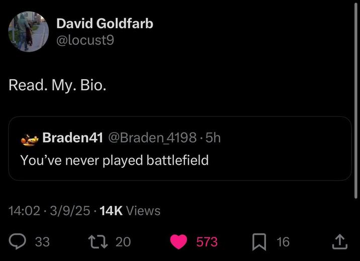 David Goldfarb @locust9 Read. My. Bio. Braden41 @Braden 4198.5h You've never played battlefield 14:02 3/9/25 . 14K Views 33 2720 573 ☐ 16 <]