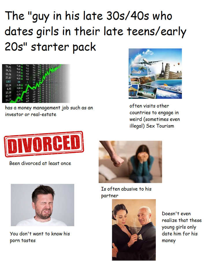 The "guy in his late 30s/40s who dates girls in their late teens/early 20s" starter pack 59.41 +1.82 A ka 34.73 +8.82 A +6.12 12% FRA +.57 12.36 +1.42 A A 2033 +4.12 30% 27.87 +2.54 A 123 45 +29.3 L +8.92 A +2.82 27.99 LAST CH6 2 LAST 12.34 +1.58 A 8.95 +8.84 A 37.18 +1.46 A 45 A 97.22 34.79 +3.76 120 +1.50 +8.89 15 MAL has a money management job such as an investor or real-estate often visits other countries to engage in weird (sometimes even illegal) Sex Tourism DIVORCED Been divorced at least once You don't want to know his p--- tastes Is often abusive to his partner Doesn't even realize that these young girls only date him for his money