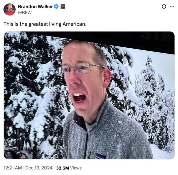 On December 19th, 2024, X user @BFW tweeted a photo of Luke Nichols from the Outdoor Boys YouTube channel, calling him the "greatest living American" and gathering over 290,000 likes in six months. 