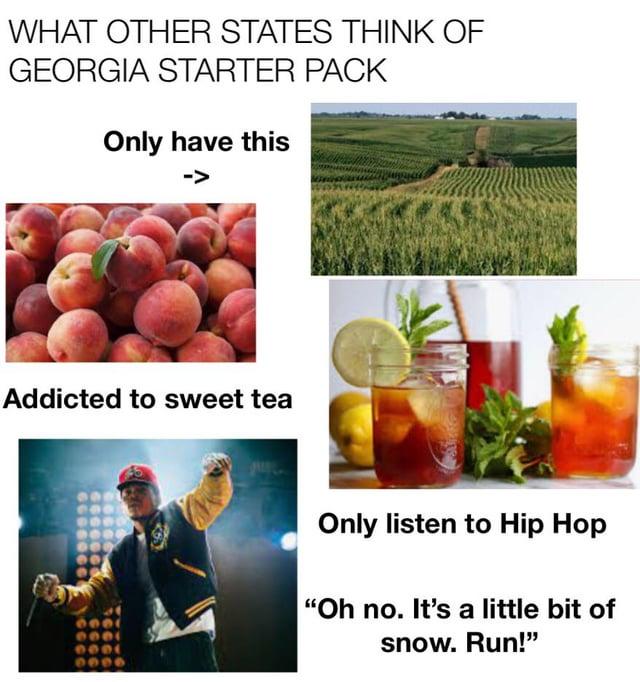 WHAT OTHER STATES THINK OF GEORGIA STARTER PACK Only have this Addicted to sweet tea Only listen to Hip Hop "Oh no. It's a little bit of snow. Run!"