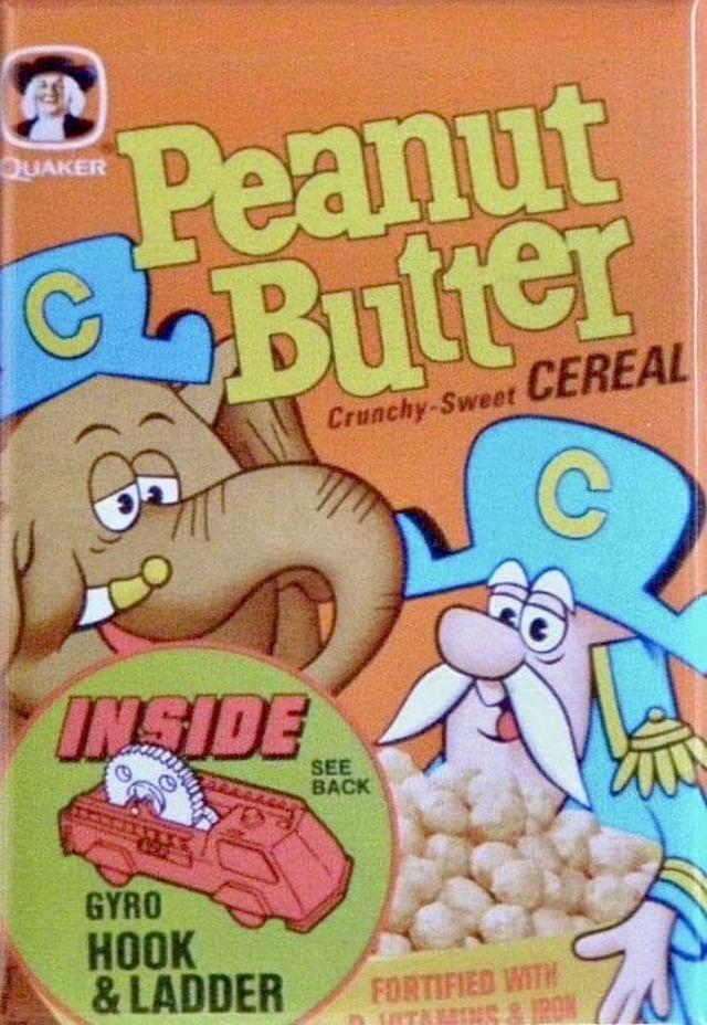Ce QUAKER C Peanut Butter Crunchy-Sweet CEREAL C INSIDE SEE BACK GYRO HOOK & LADDER FORTIFIED WITH