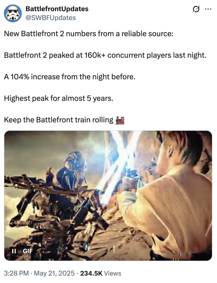 A "tweet":https://knowyourmeme.com/memes/sites/twitter-x reacting to the May 2025 resurgence of "_Battlefront 2_":https://knowyourmeme.com/memes/subcultures/star-wars-battlefront.