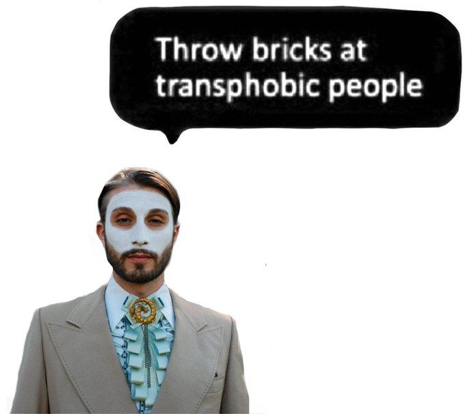bbno$ says A meme showing bbno$ saying "Throw bricks at transphobic people." The meme was posted by bbno$.