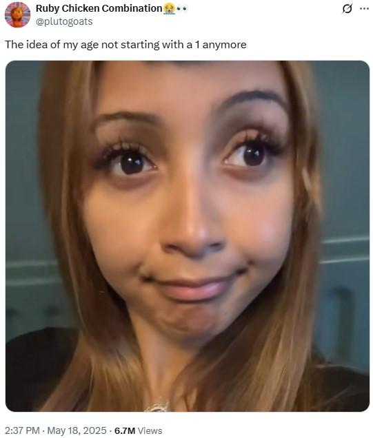 Pinkpantheress Meme "The idea of my age not starting with a 1 anymore" A viral Twitter post reading "The idea of my age not starting with a 1 anymore." The caption is posted over a reaction image of Pinkpantheress.