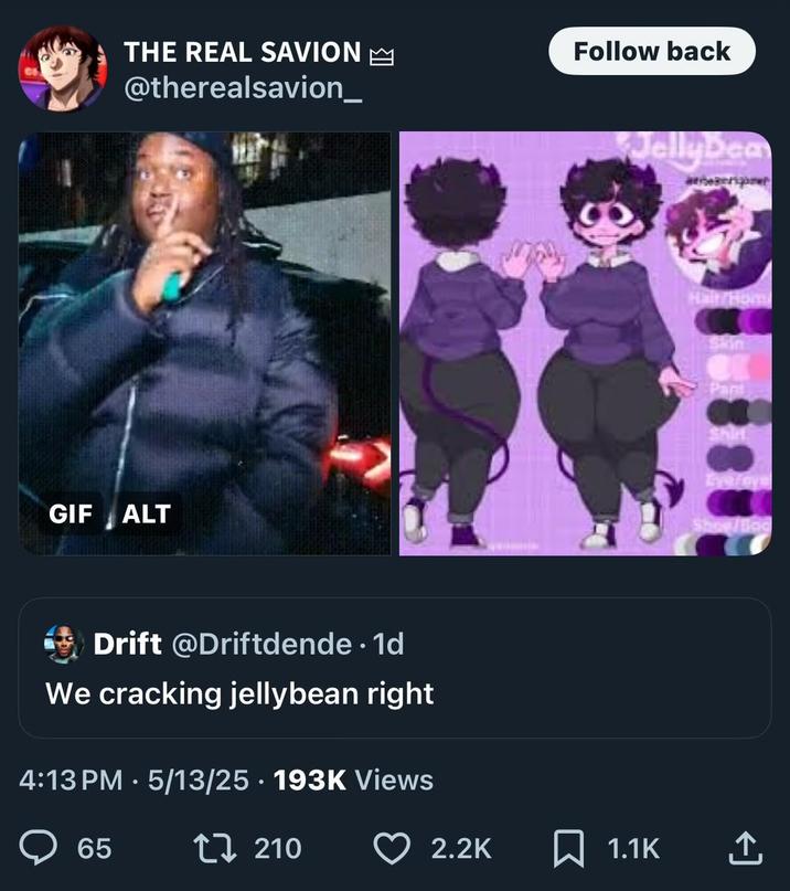 A deleted tweet by "Twitter / X":https://knowyourmeme.com/memes/sites/twitter-x user @therealsvaion_ who shared lewd artwork of "JellyBean":https://knowyourmeme.com/memes/people/jellybean and a "Lucki 'Shhhh'":https://knowyourmeme.com/memes/lucki-shhhhhh image.