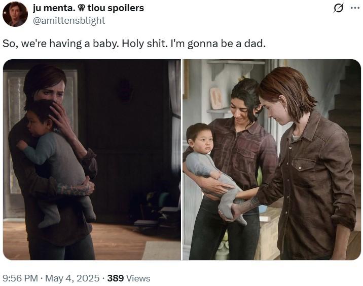 A meme editing a baby into The Last Of Us 2 game. The baby is Ellie and Dina's.